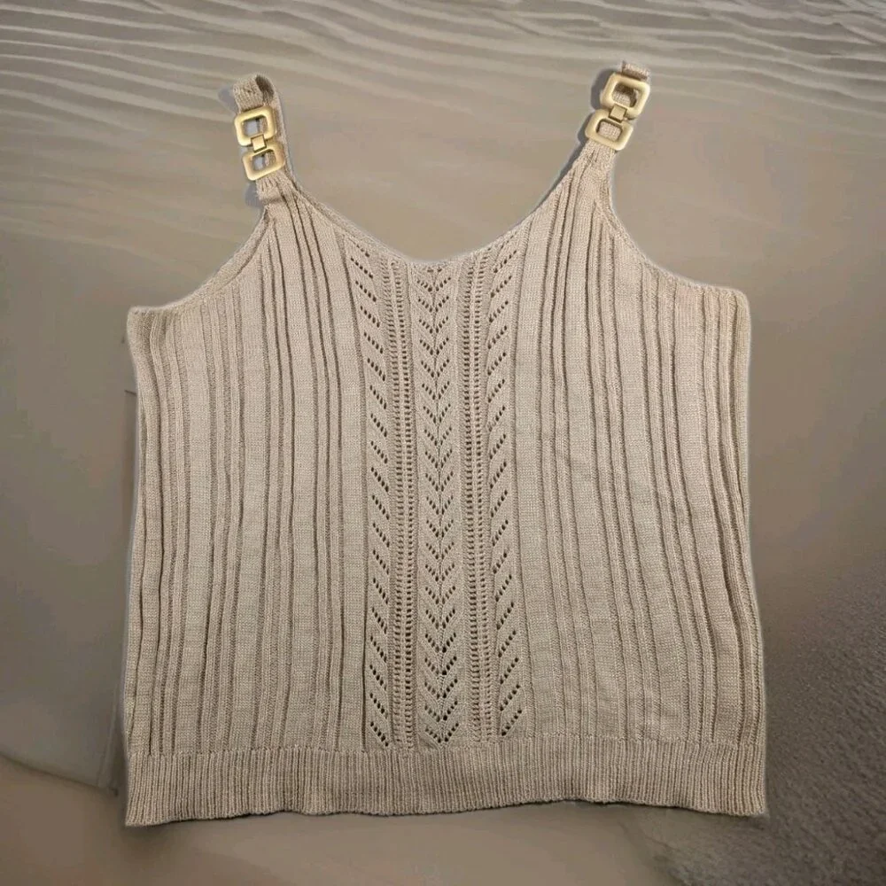 Womens Size Large Tan Sleeveless Knitted Tank Top With Gold Metal Accent - Picture 1 of 6